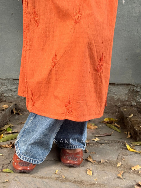 Sunbreeze Orange Cotton Chikankari Sleeveless Kurti with Embroidery