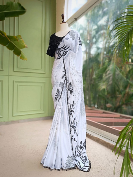 Midnight Marble Black & White Premium Chiffon Georgette Blend Saree With Readymade Blouse