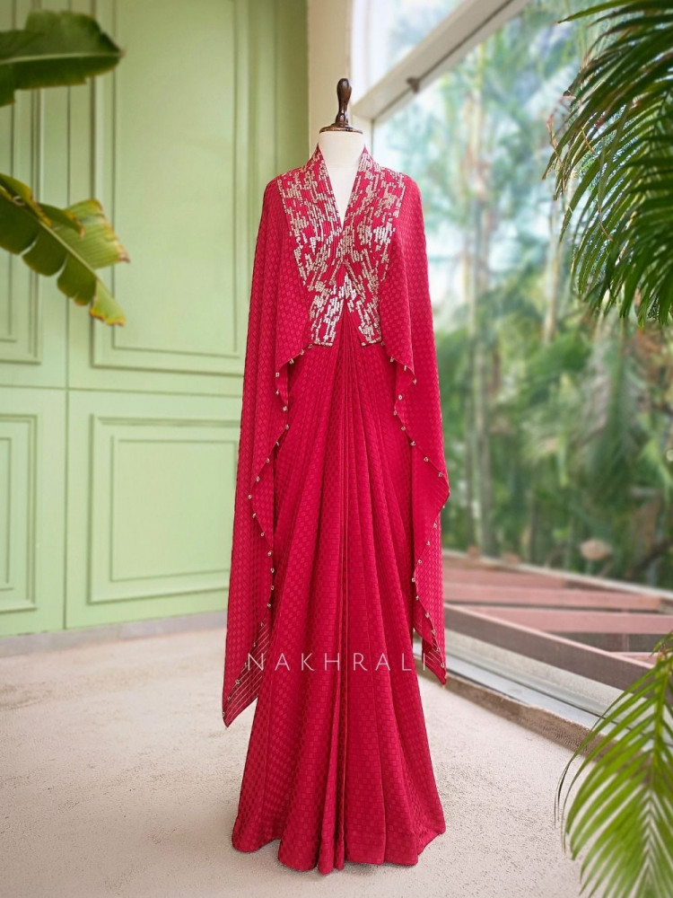 Image of Wrinkle Red Viscose Georgette Crepe Gown