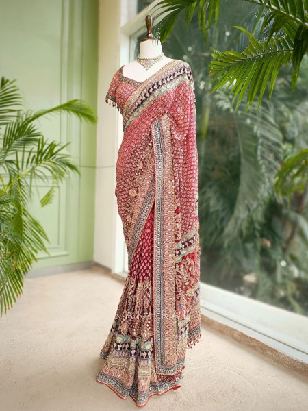 Ruby Red Saree with Zari and Sequin Work