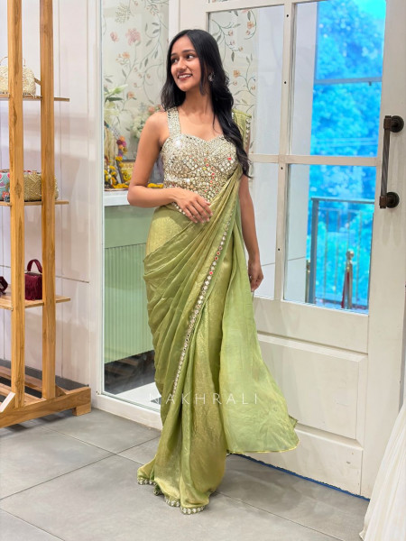 Karishma Pista Green Mirror Work Drape Saree