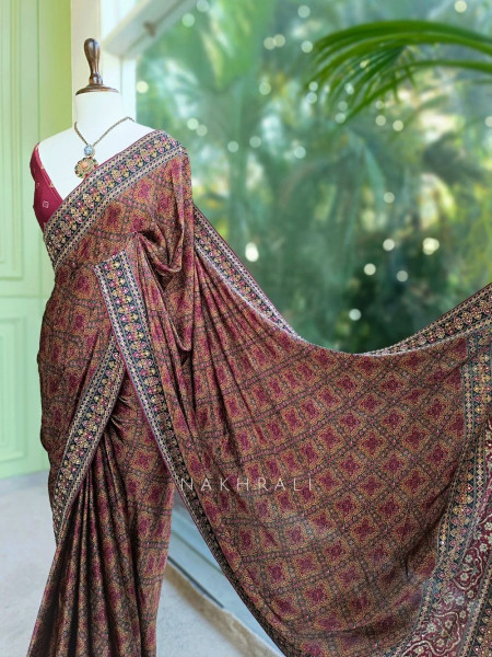 Maroon Ajrak Print Modal Silk Saree