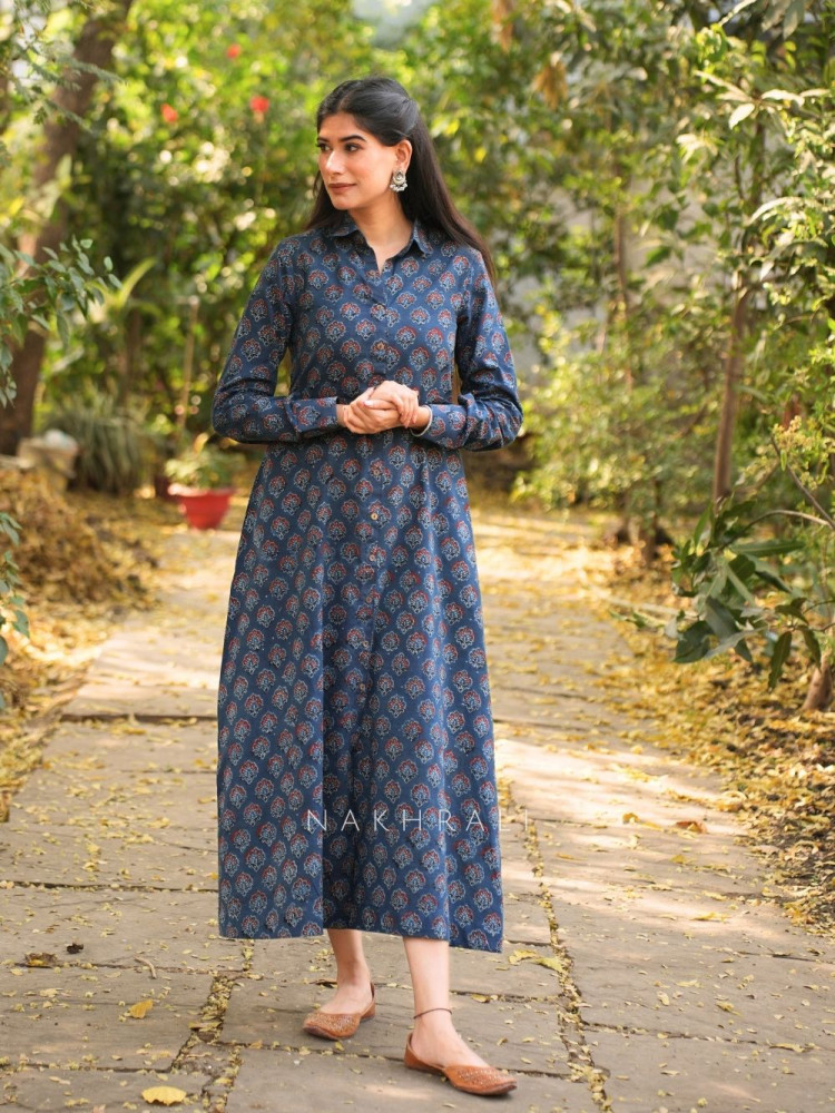 Image of Rihana Blue Cotton Block Printed Button-Down Dress