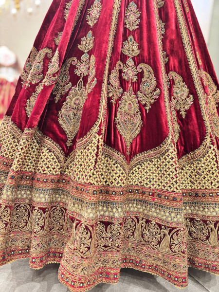 Zohra Luxe Maroon Velvet Bridal Lehenga with Mirror, Sequin, and Cut Dana Work