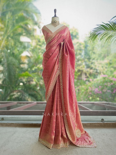Chitranga Onion Pink Banarasi Brocade Saree with Embellished Border