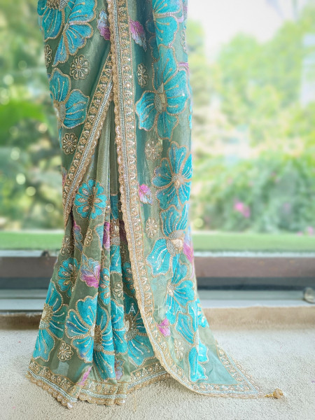 Firoza Bagh Olive Sage Green Organza Saree with Oversized Floral Resham Embroidery
