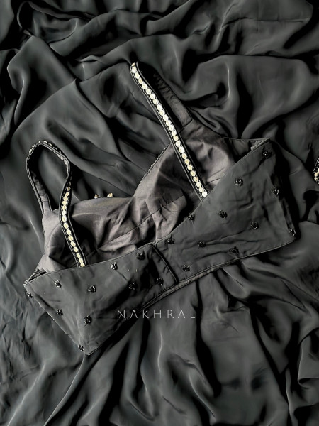 Nox-Aura Jet Black Encrusted Sequin Saree with Pearl-Trim Border