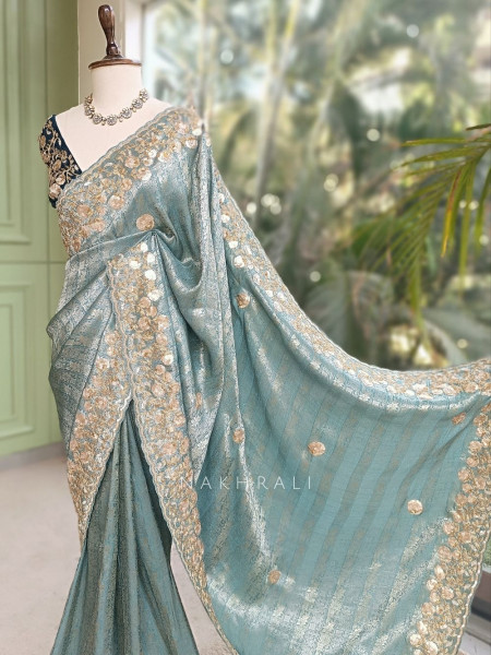 Symphony Sea Green Saree with Zardozi Floral Embroidery