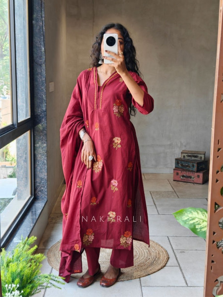 Kavira Maroon Suit Set with Floral Embroidery Work