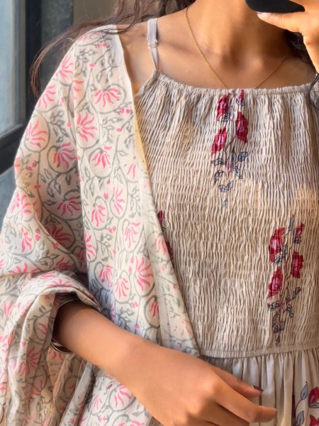 Liora Light Brown Cotton Suit Set with Floral Print