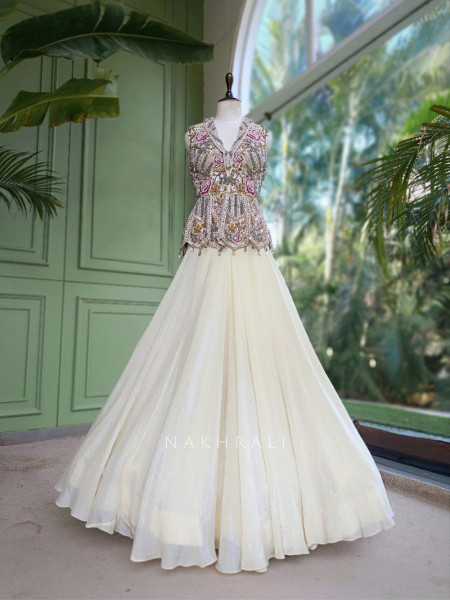 Linear Eden Cream Georgette & Tulle Net Lehenga