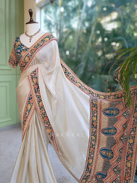 Mehr Cream & Teal Blue Fusion Saree