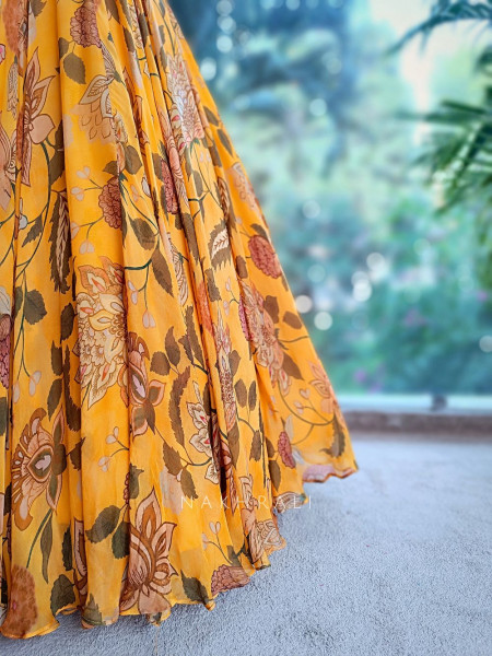 Marigold Bloom Floral Halter Neck Anarkali with Dupatta