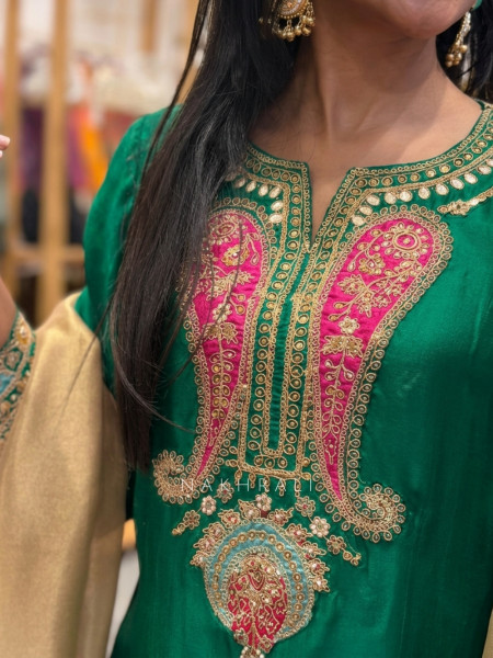 Resham Rang Green Silk Blend Farshi Suit Set With Zari, Zardozi & Resham Embroidery