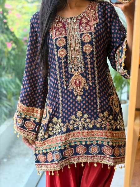 Aura-Miyan Blue Crepe Silk Farshi Suit Set