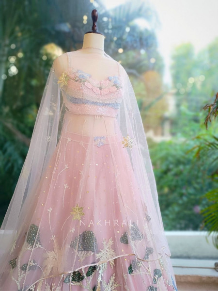 Enchanted Bloom Pink Net Lehenga with Sequin & Floral Embroidery