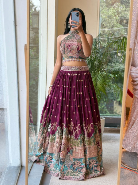 Jharokha Tales Wine Lehenga with Pichwai-Inspired Embroidery