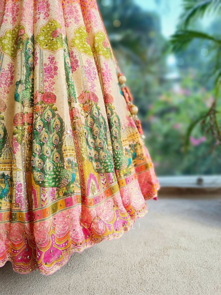 Sanika Beige Silk Printed Lehenga with Mirror Work