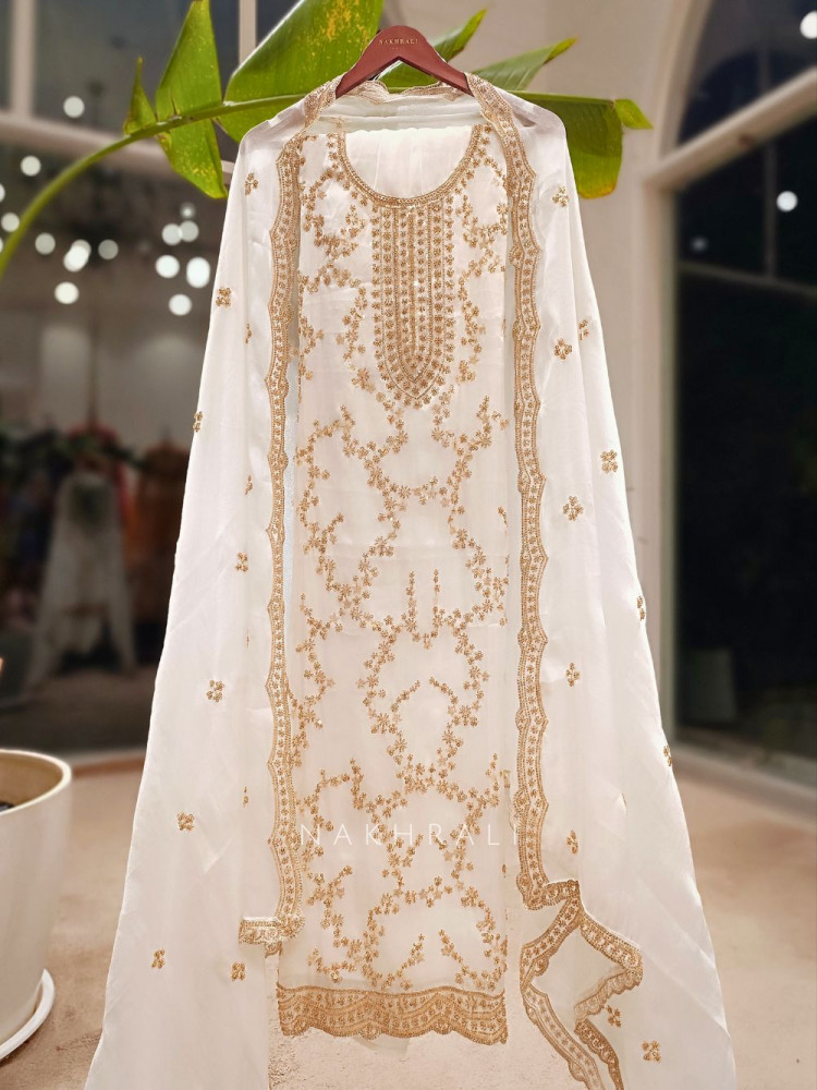 Image of Vanilla Hue Ivory Tissue Dress Material with Sequin &amp; Cut Dana Work