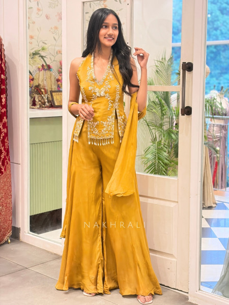 Marigold Ivana Mustard Halter Sharara Co-Ord Set