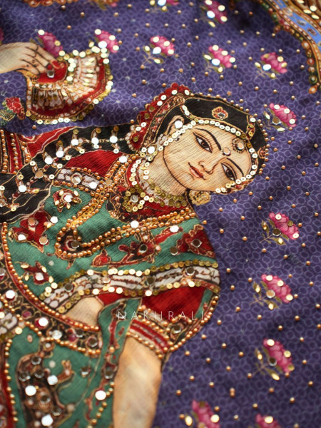 Nrityagopi Multicolor Modal Satin Silk Pichwai Printed Saree with Mirror & Zari Work