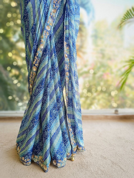 Riva Blue Printed Saree with Embroidered Readymade Blouse