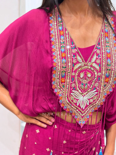 Boho Pink Chinon Drape Skirt Set with Embroidered Tassel Yoke