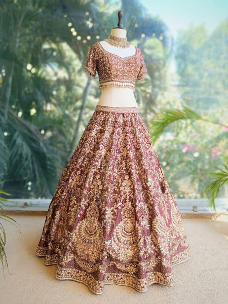 Evara Wine Bridal Lehenga with Gota Patti and Bead Work