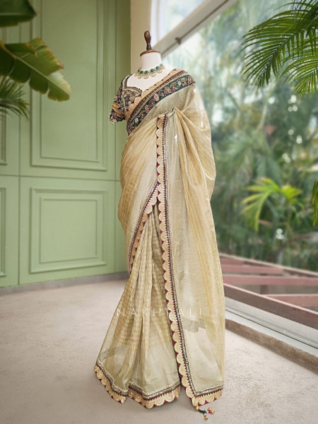 Navpallav Bottle Green Tissue Saree with Sequin Bead Embroidery