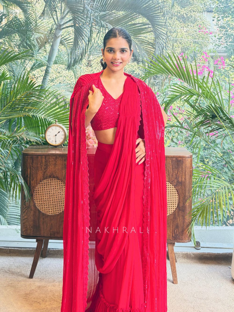 Image of Serenara Red Drape Saree with Embellished Cape