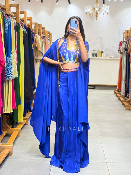 Willow Blue Halter Indo-Western Set with Cape Shrug