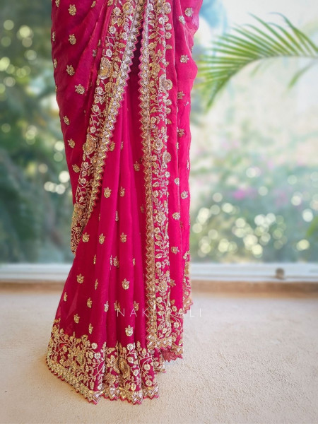 RubyLush Organza Silk Saree with Zardozi Work