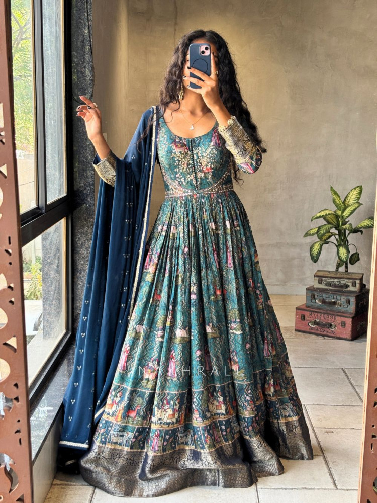 Image of Zorika Teal Printed Anarkali Suit Set with Sequin Zari Work