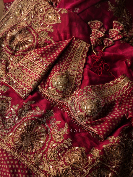 Virasat Maroon Crepe Saree with Heavy Embroidery and Readymade Blouse