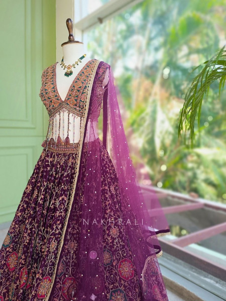 Gulaal-e-Firdaus Purple Green Lehenga Set Embroidery & Mirror Work