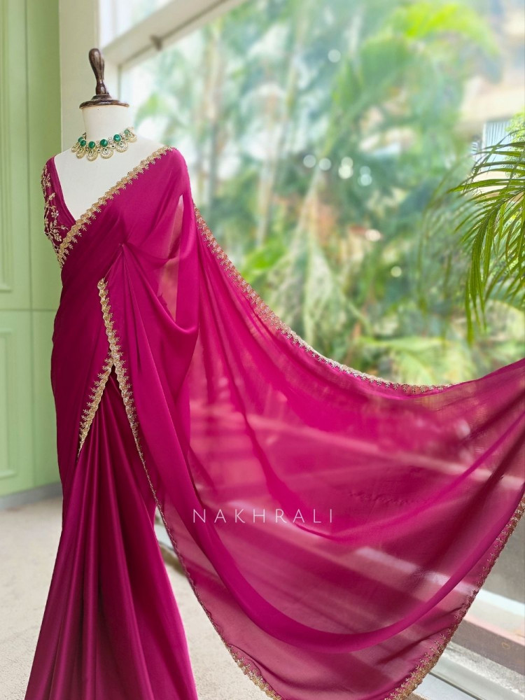 Image of Stellar Wine Saree with Running Blouse