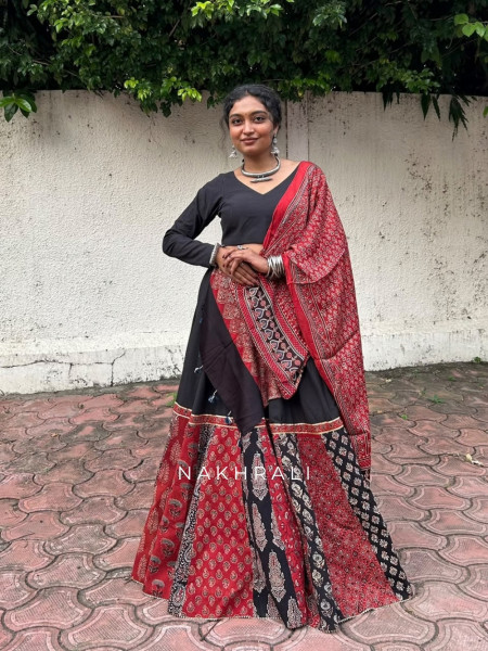 Pravika Black Pure Cotton Chaniya Choli Ajrakh Kalamkari Patchwork & Gota Detail