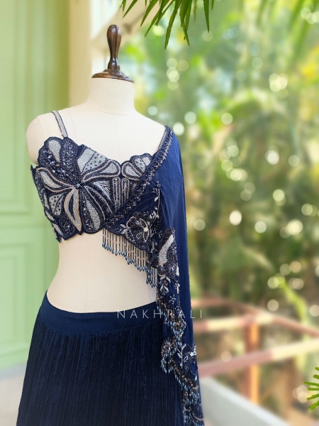 Midnight Blue Indo Western Lehenga with Bead Fringe and Sequin Embellishment