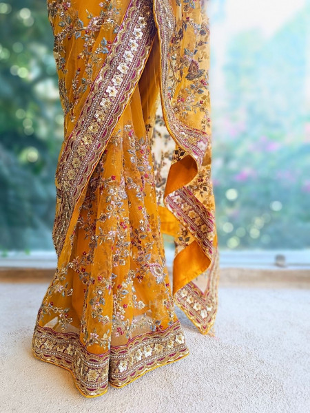 Navira Mustard Embroidered Net Saree with Sequins