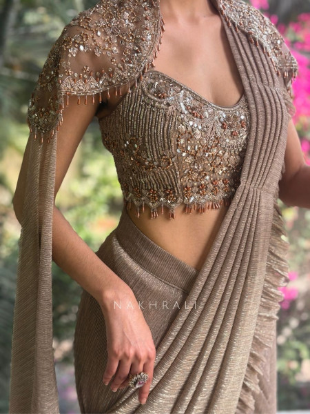 Aira Brown Drape Saree Set with Embellished Blouse & Shoulder Cape