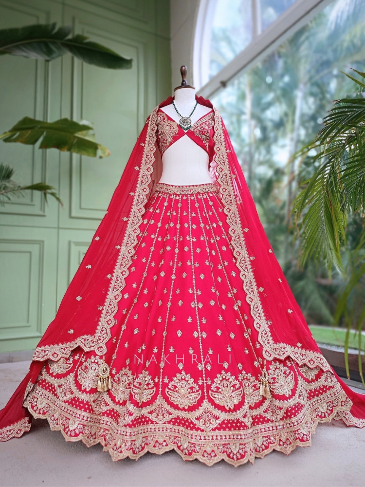 Image of Saubhagya Fuchsia Red Unstitched Bridal Lehenga