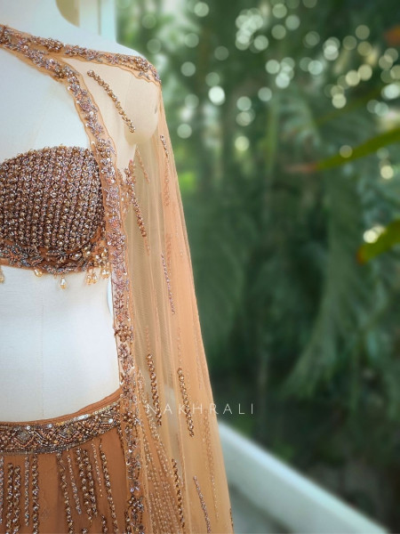 Amber Glow Net Bridal Indo-Western Lehenga with Sequin Embroidery
