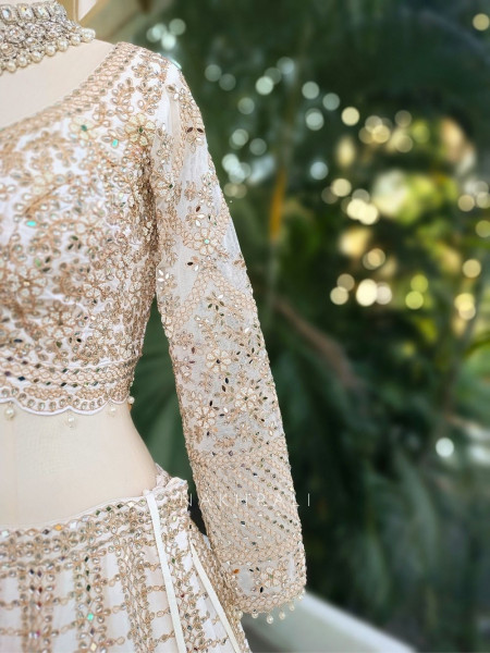 Ravya Cream Mirror and Beads Work Lehenga Set