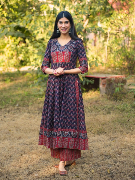 Noori Black Cotton Flared Kurta Pant Set