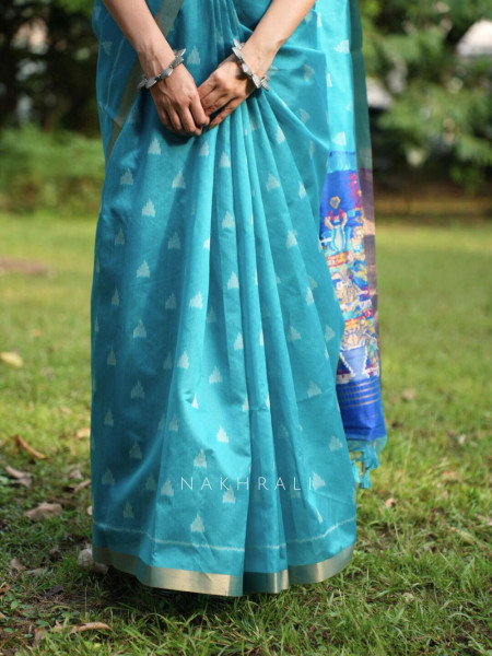 Mayur Blue Chanderi Saree with Floral Ikat Print