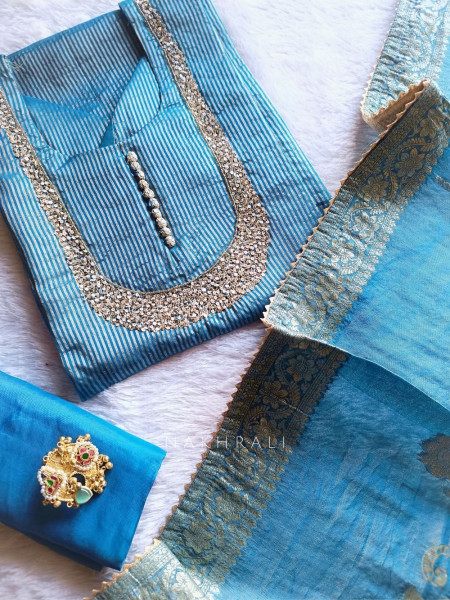 Noorline Glow Blue Semi-stitched Dress Material with Sequin and Cut Dana Work