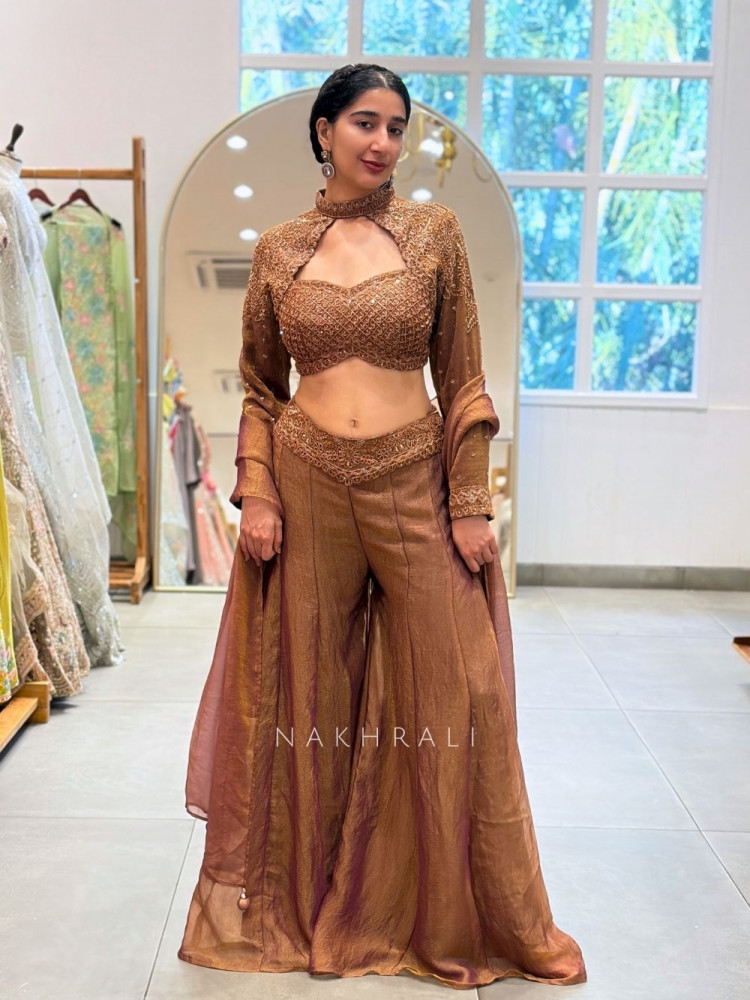 Image of Nyra Brown Indo-Western Palazzo Set with Embroidered Jacket Detail