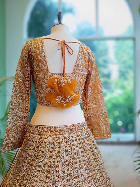 Golden Flare Orange Lehenga with Thread and Sequin Work