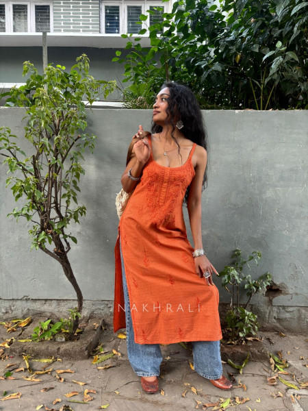 Sunbreeze Orange Cotton Chikankari Sleeveless Kurti with Embroidery