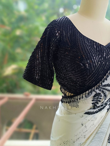 Midnight Marble Black & White Premium Chiffon Georgette Blend Saree With Readymade Blouse